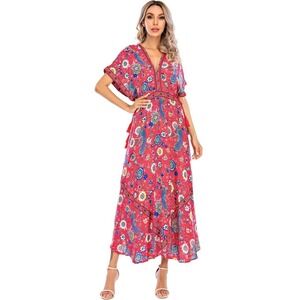 R.Vivimos Boho Floral Peacock Print Maxi Dress Red V-Neck Tassel Smocked Waist S